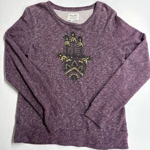 Lucky Lotus Purple 3rd Eye Palm Lotus Embroidered Sweatshirt  Top Medium Women’s